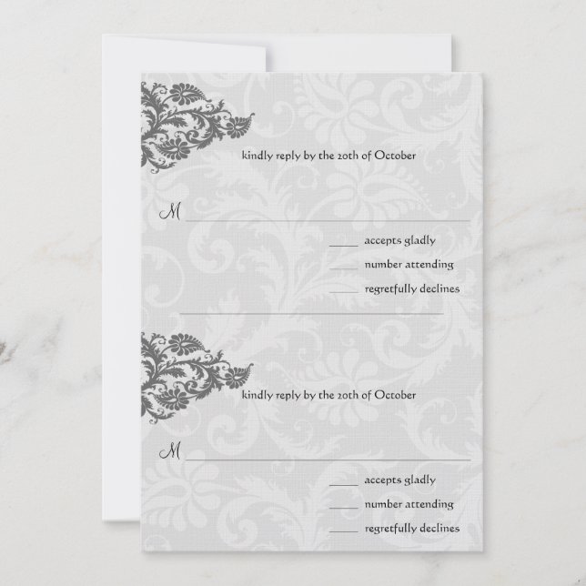 Black Damask Plum Hearts RSVP Wedding Invitation (Front)