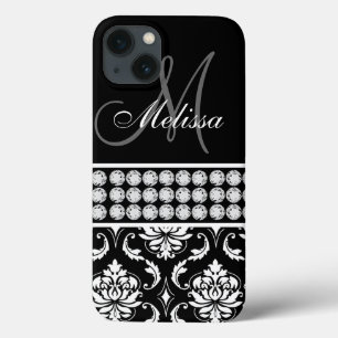 Black Damask Printed Diamonds Personalised iPhone 13 Case