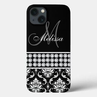 Black Damask Printed Diamonds Personalised iPhone 13 Case
