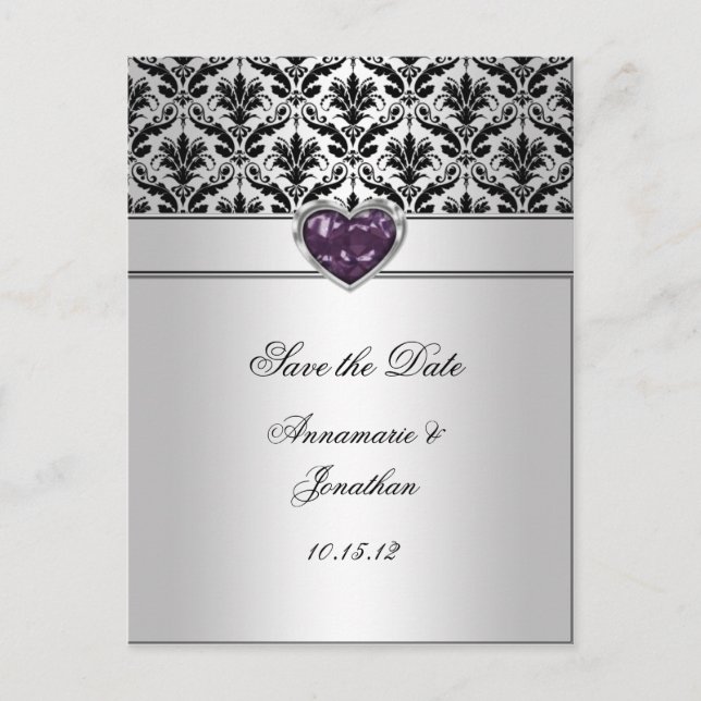 Black Damask Purple Jewel Heart Silver Save The Da Announcement Postcard (Front)