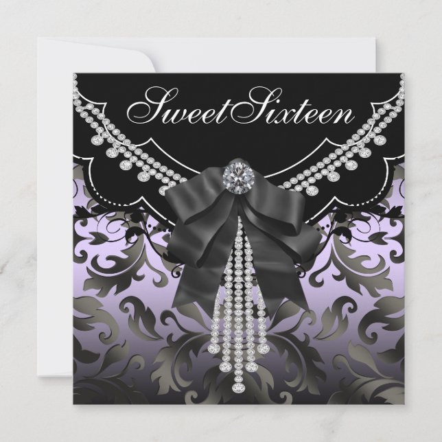 Black Damask Purple Sweet Sixteen Party Invitation (Front)