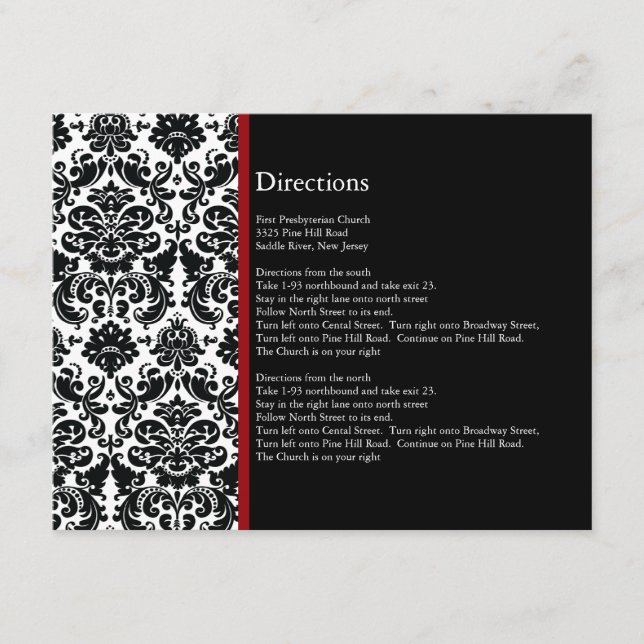 Black Damask Red Accent Direction Card (Front)