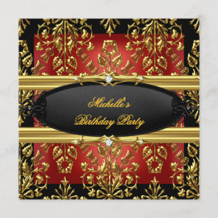 Black Damask Red Birthday Party Gold 2 Diamond Invitation