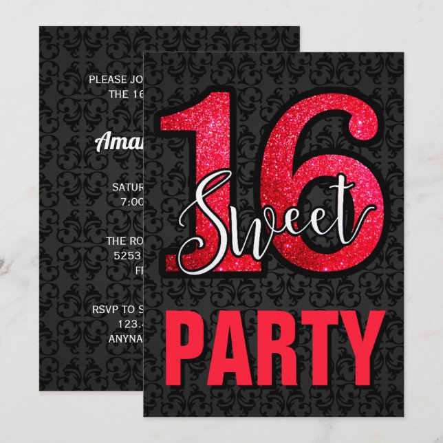 Black Damask Red Glitter Sweet 16 Birthday Party Invitation (Front/Back)