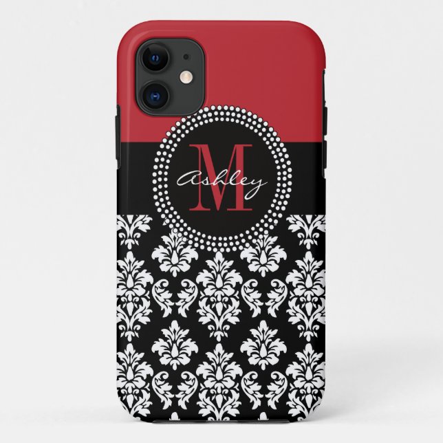 Black Damask Red Initial Name Case-Mate iPhone Case (Back)