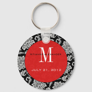 Black Damask Red Monogram Wedding Keychain