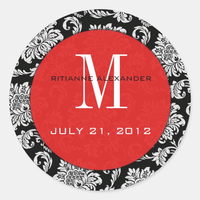 Black Damask Red Monogram Wedding Sticker (Front)