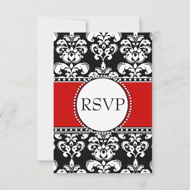 Black Damask Red RSVP for Square Invitations (Front)