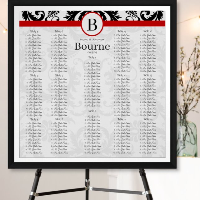 Black Damask Red Trim Seating Chart Table Numbers (Creator Uploaded)
