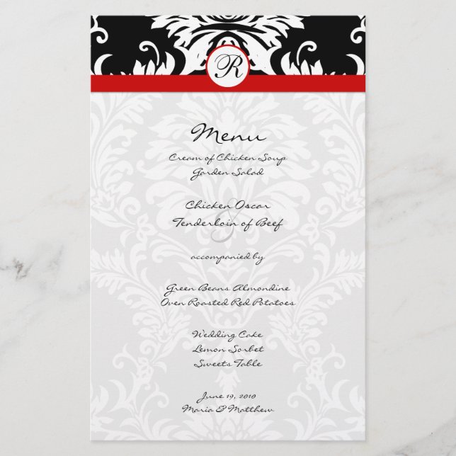 Black Damask Red Trim Wedding Menu (Front)