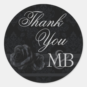 Black damask rose Thank You stickers monogram