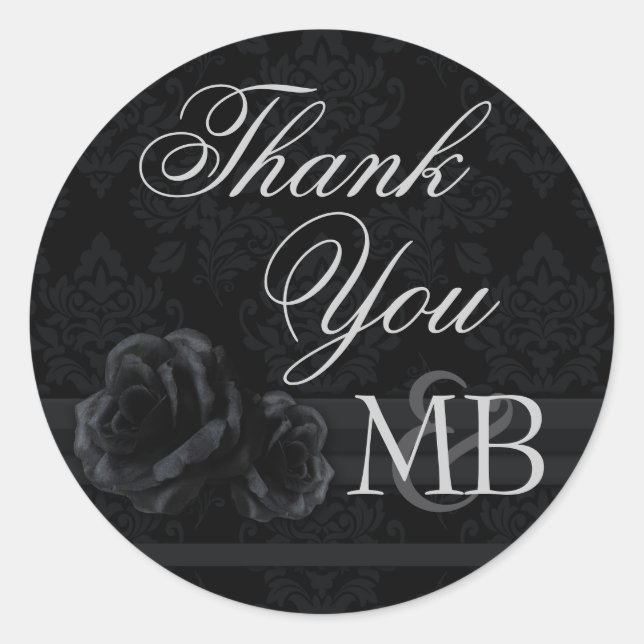 Black damask rose Thank You stickers monogram (Front)