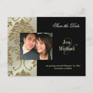 Black Damask Save the Date Photo postcards, Announcement Postcard