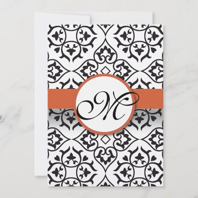 Black Damask Side Borders Orange Red Trim Wedding Invitation (Front)