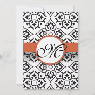 Black Damask Side Borders Orange Red Trim Wedding Invitation