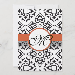 Black Damask Side Borders Orange Red Trim Wedding Invitation