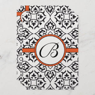 Black Damask Side Borders Orange Trim Wedding Invitation