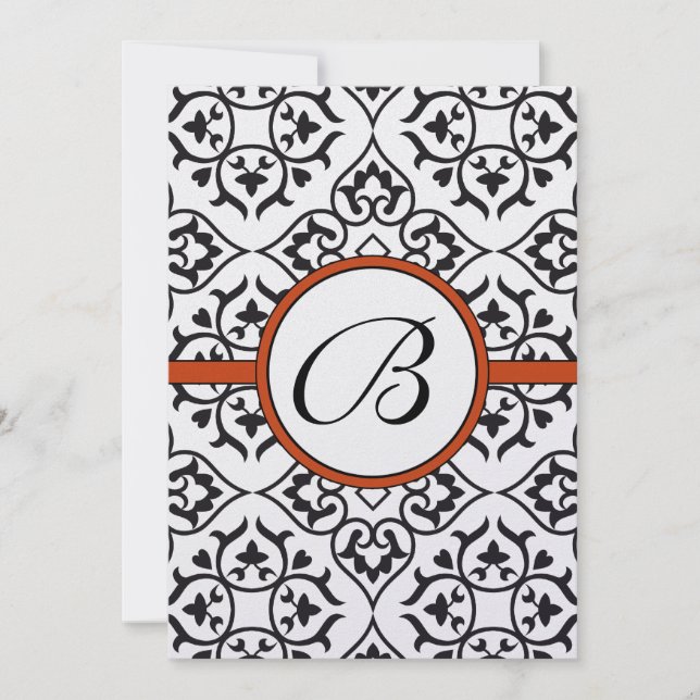 Black Damask Side Borders Orange Trim Wedding Invitation (Front)