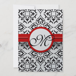 Black Damask Side Borders Red Trim Wedding Invitation