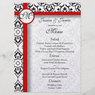 Black Damask Side Borders Red Trim Wedding Menu