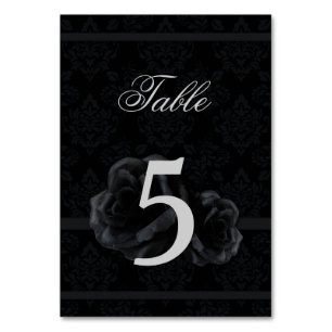 Black damask silk rose wedding table number cards