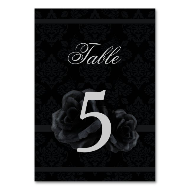 Black damask silk rose wedding table number cards (Front)