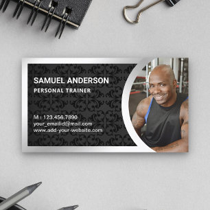 Black Damask Silver Fitness Personal Trainer Photo Business Card