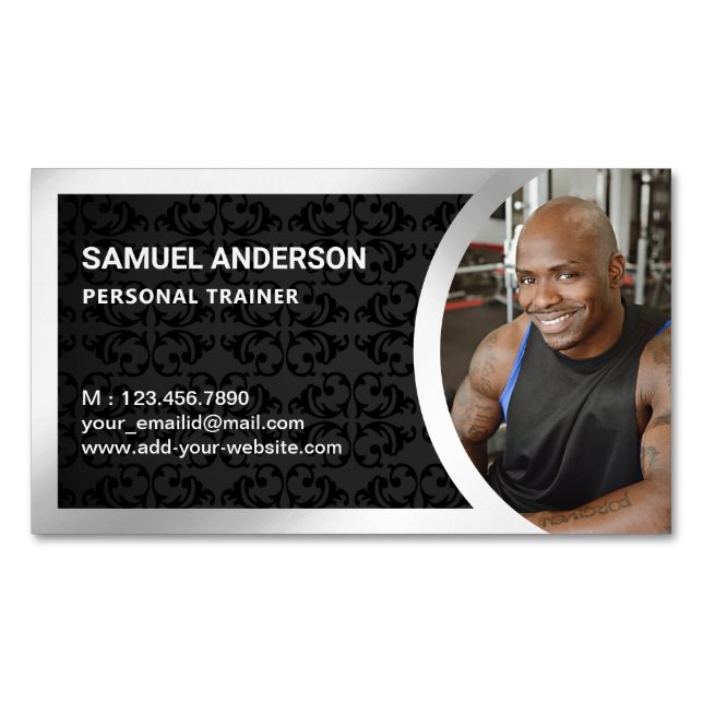 Black Damask Silver Fitness Personal Trainer Photo Magnetic Business Card (Front)