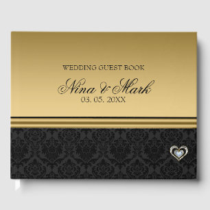 Black Damask Silver Gold Heart Guest Book