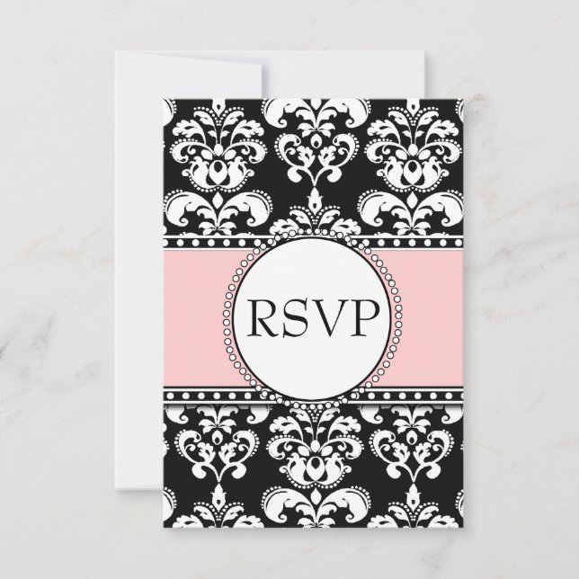 Black Damask Soft Pink RSVP for Square Invitations (Front)