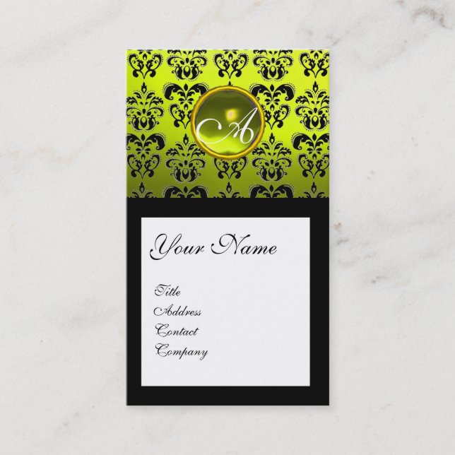 BLACK DAMASK SQUARE YELLOW GEMSTONE MONOGRAM BUSINESS CARD (Front)
