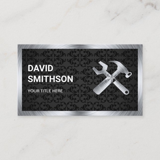 Black Damask Steel Handyman Auto Repair Mechanic Business Card (Front)