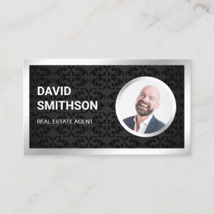 Black Damask Steel Silver Photo Real Estate Agent Business Card