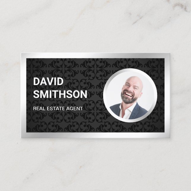 Black Damask Steel Silver Photo Real Estate Agent Business Card (Front)
