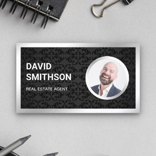 Black Damask Steel Silver Photo Real Estate Agent Business Card