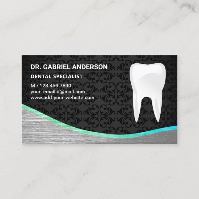 Black Damask Steel Tooth Dental Clinic Dentist Business Card (Front)