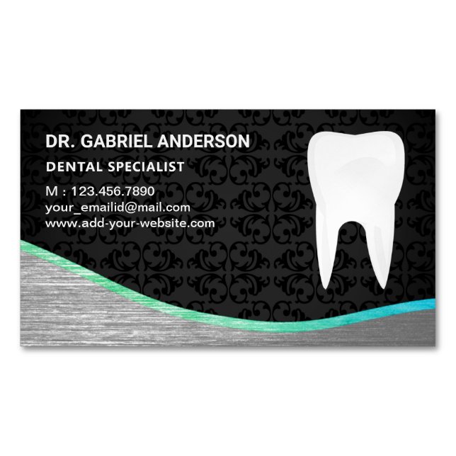 Black Damask Steel Tooth Dental Clinic Dentist Magnetic Business Card (Front)