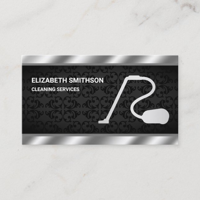 Black Damask Steel Vacuum Cleaner Cleaning Service Business Card (Front)