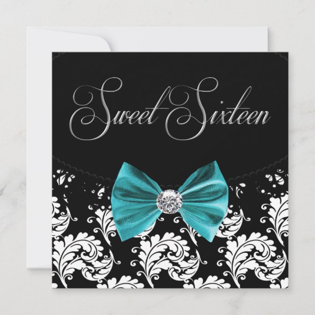 Black Damask Sweet Sixteen Birthday Party Invitation (Front)