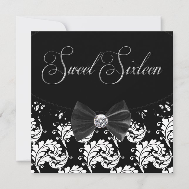 Black Damask Sweet Sixteen Birthday Party Invitation (Front)