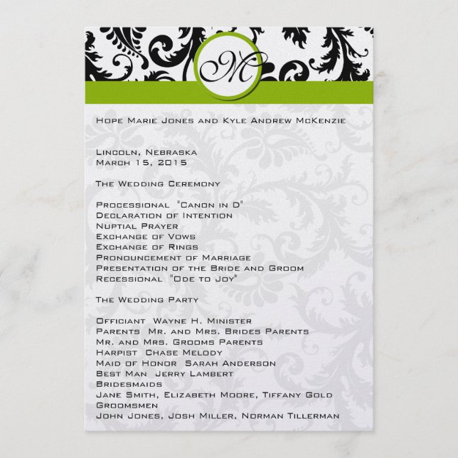 Black Damask Swirl Apple Green Wedding Program Programme (Front)