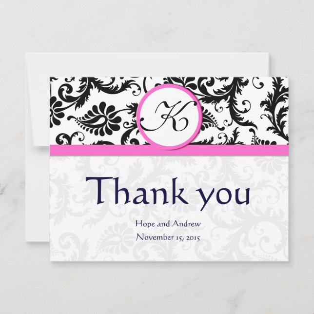 Black Damask Swirl Pink Wedding Thank You Cards (Front)