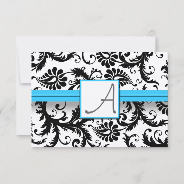 Black Damask Swirls  Bright Aqua Raised Trim RSVP Card (Front)