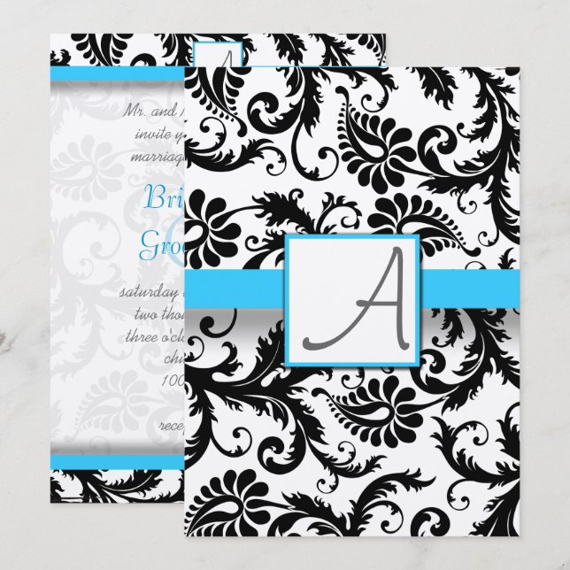 Black Damask Swirls  Bright Aqua Trim No Dots Invitation (Front/Back)