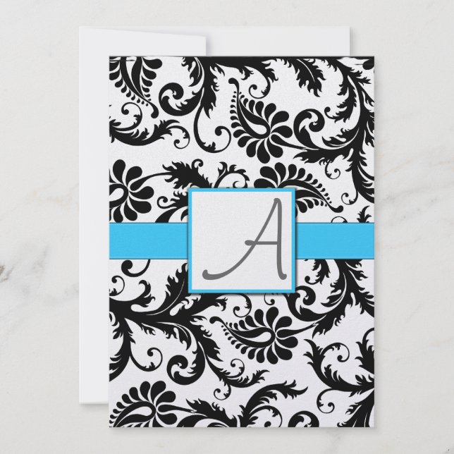 Black Damask Swirls Light Bright Aqua Trim Invitation (Front)