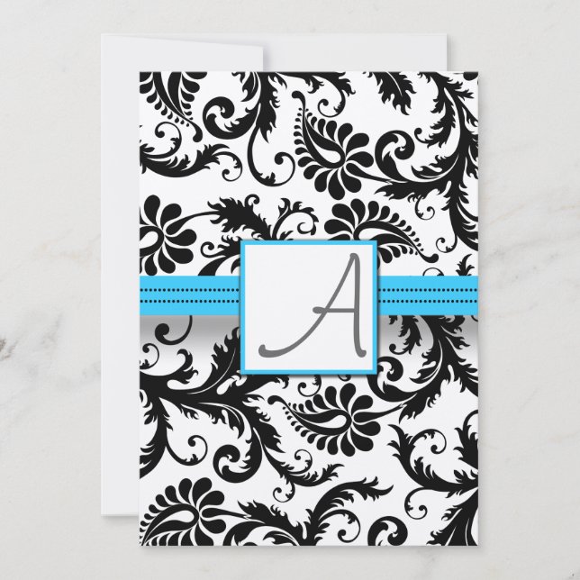 Black Damask Swirls on White with Bright Aqua Trim Invitation (Front)