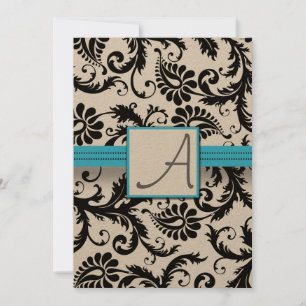 Black Damask Swirls on White with Bright Aqua Trim Invitation