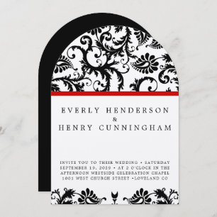 Black Damask Swirls on White with Red Trim Invitation