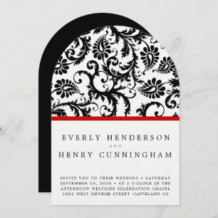 Black Damask Swirls on White with Red Trim Invitation