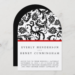 Black Damask Swirls on White with Red Trim Invitation